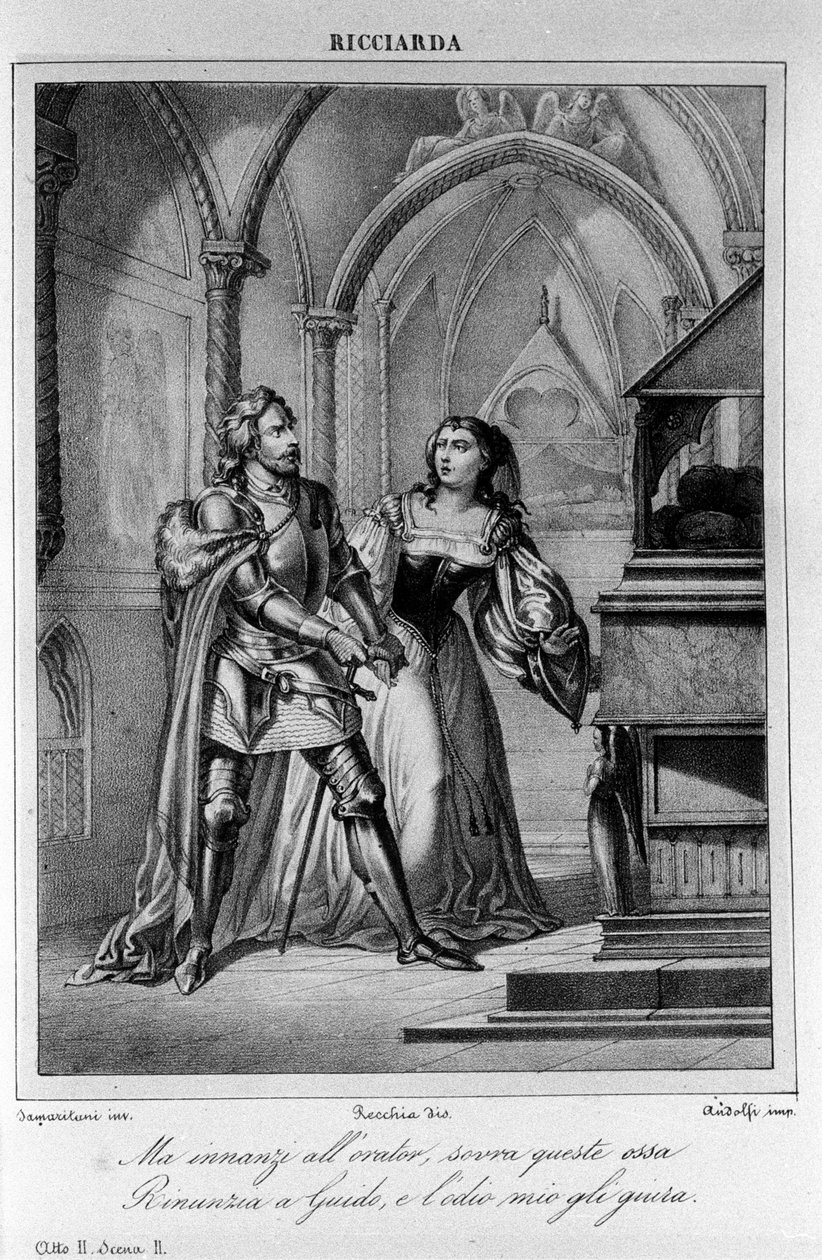Kuvitus italialaisen runoilijan ja näytelmäkirjailija Ugo Foscolon (1778-1827) "Ricciardan" II näytöksen 2 kohtaukseen 1800-luku tekijältä Unknown artist