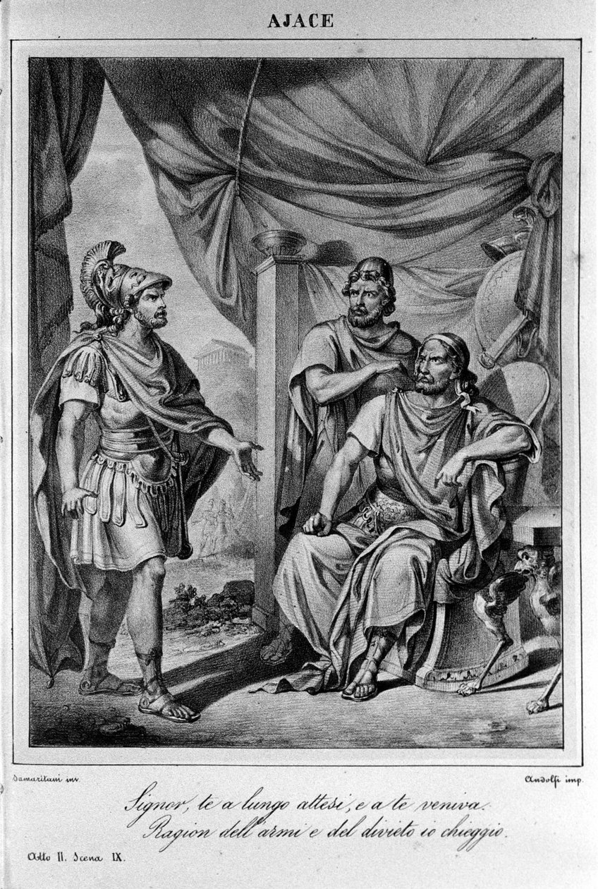 Kuvitus italialaisen runoilijan ja näytelmäkirjailija Ugo Foscolon (1778-1827) "" Ajaxin" (Aiace) II näytöksen 9 kohtaukseen 1800-luku tekijältä Unknown artist