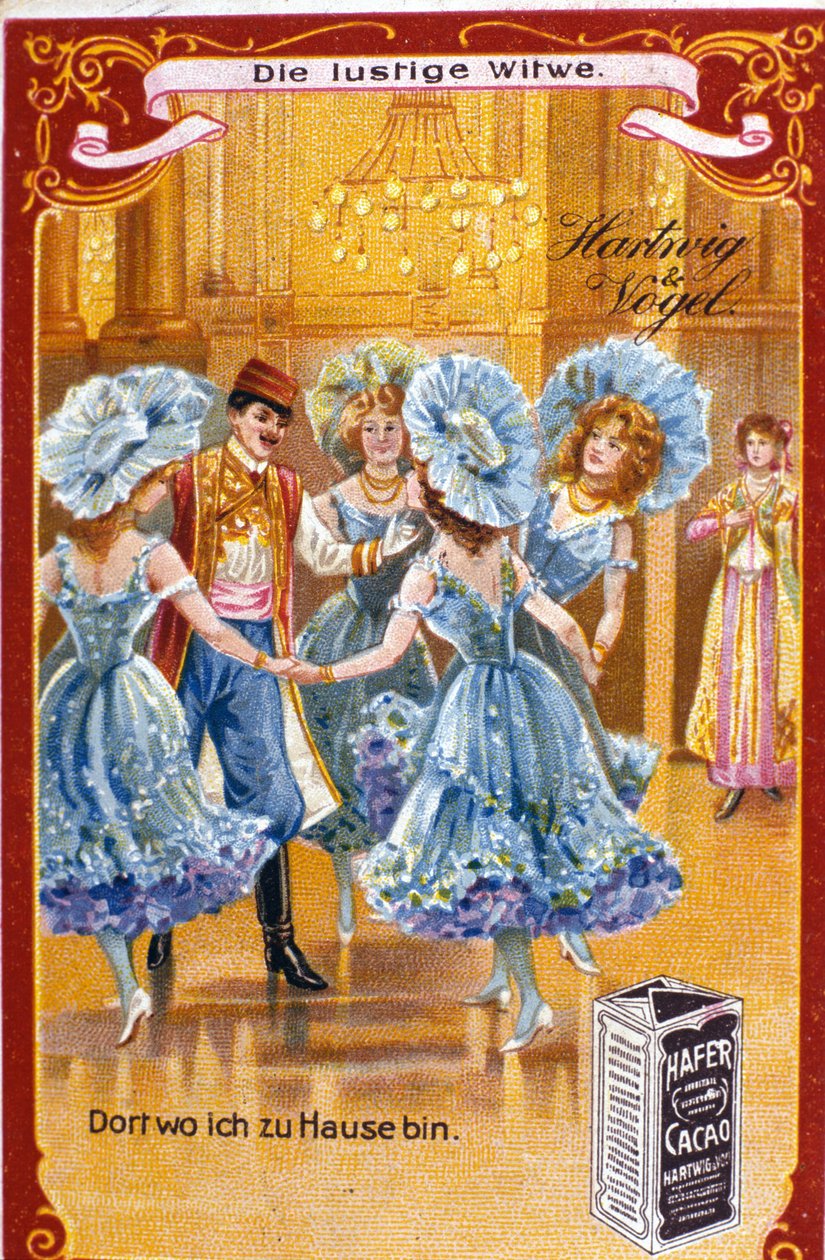 Unkarilaisen säveltäjän (1870-1948) Franz Leharin kuvitus "Onnelliselle leskelle". Laki II. 1900-luvun lopun kromolitografia. tekijältä Unknown artist