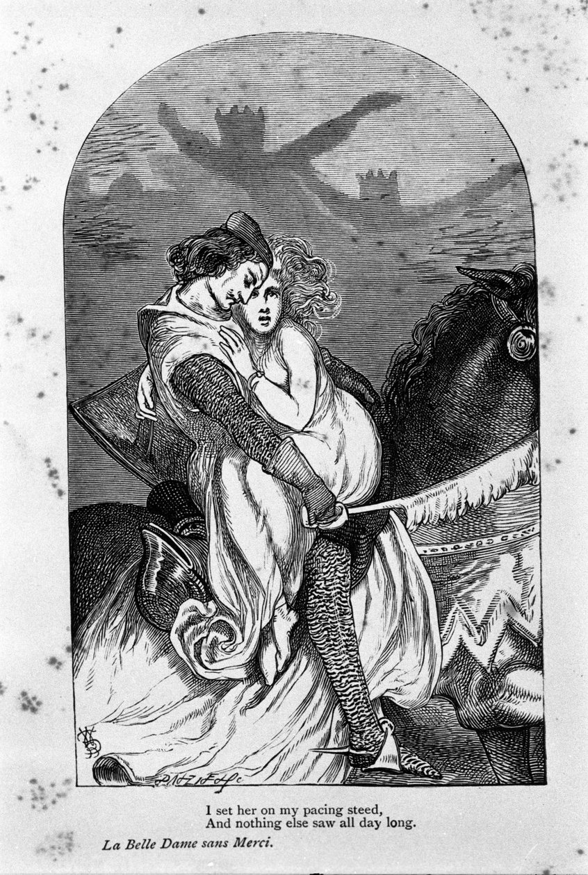 Kuvitus runoilija John Keatsin (1795-1821) "kauniista naisesta ilman armoa" 1800-luvulla tekijältä Unknown artist