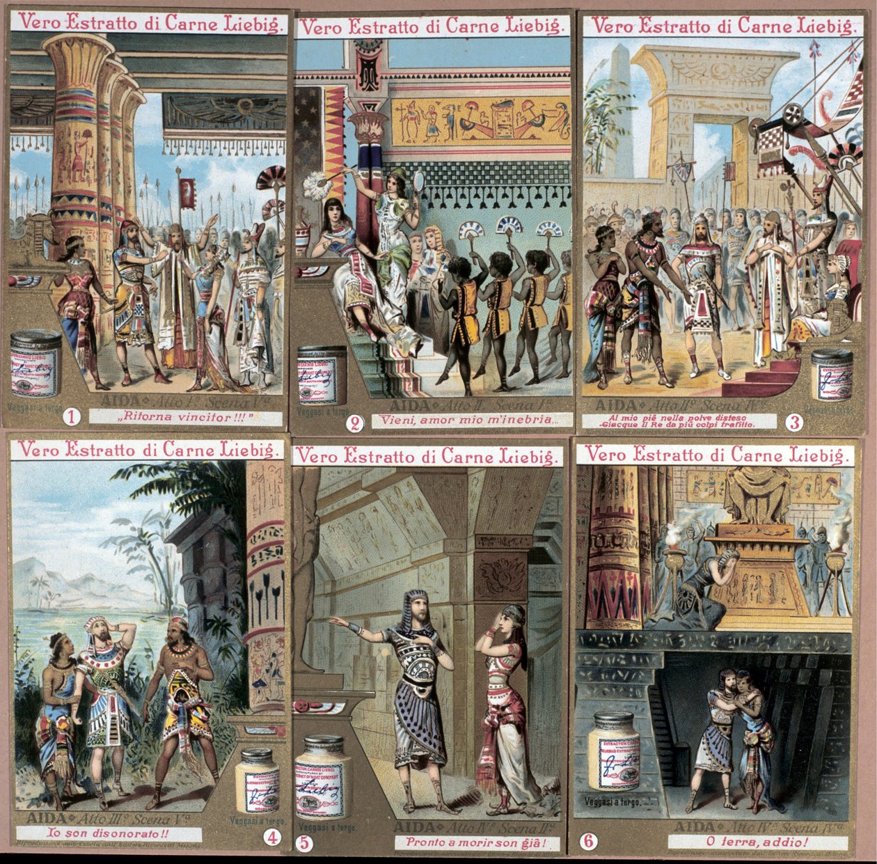 Kuvitus italialaisen säveltäjän Giuseppe Verdin (1813-1901) oopperalle "Aida". 1800-luvun lopun kromolitografia. tekijältä Unknown artist