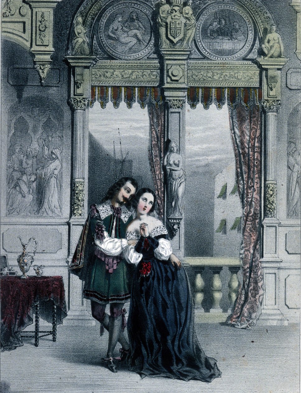 Kuvitus saksalaisen säveltäjän Friedrich von Flotowin (1812-1883) oopperan "Alessandro Stradella" toiseen näytökseen tekijältä Unknown artist