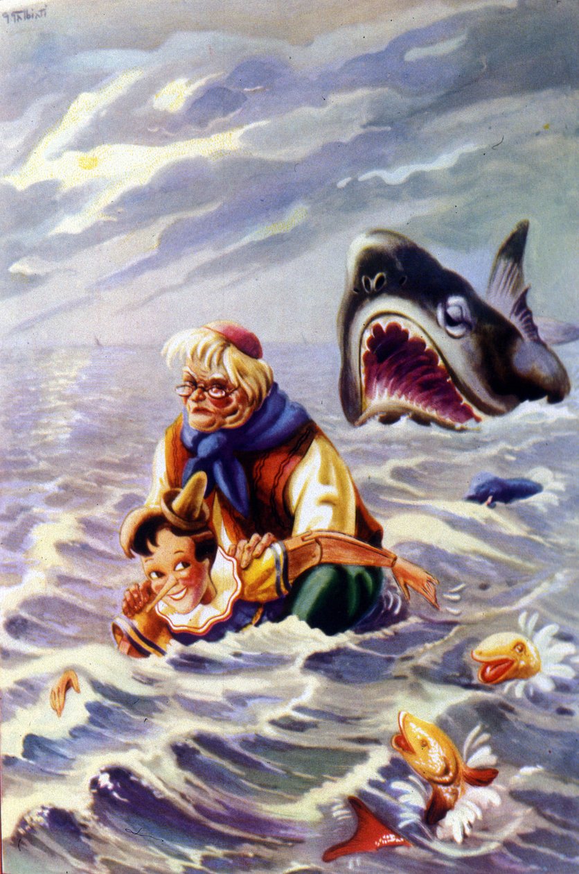 Kuvitus Carlo Collodin Pinocchio-tarusta: Pinocchioa ja Gepettoa jahtaavat valtava kala. tekijältä Unknown artist