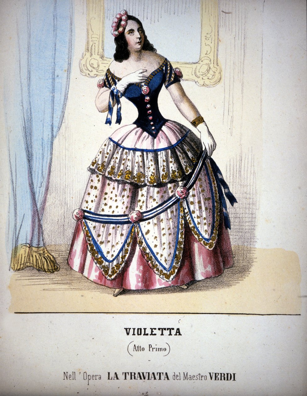 Kuva Violetta Valéryn hahmosta Giuseppe Verdin Traviatassa. Kaiverrus 1800-luvulta. tekijältä Unknown artist