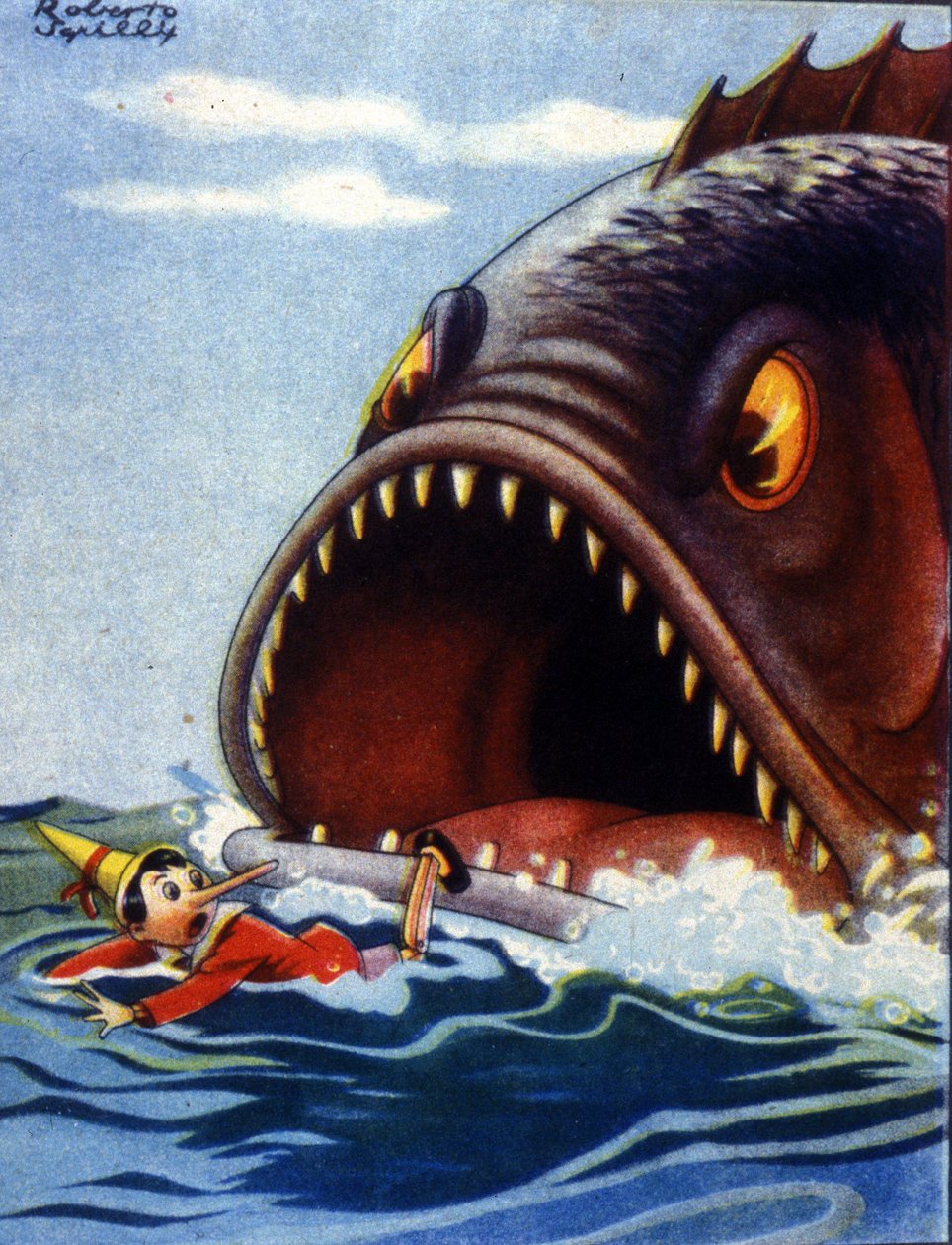 Kuvitus Carlo Collodin tarinasta Pinocchio. Valtava kala on syömässä Pinokkiota. tekijältä Unknown artist
