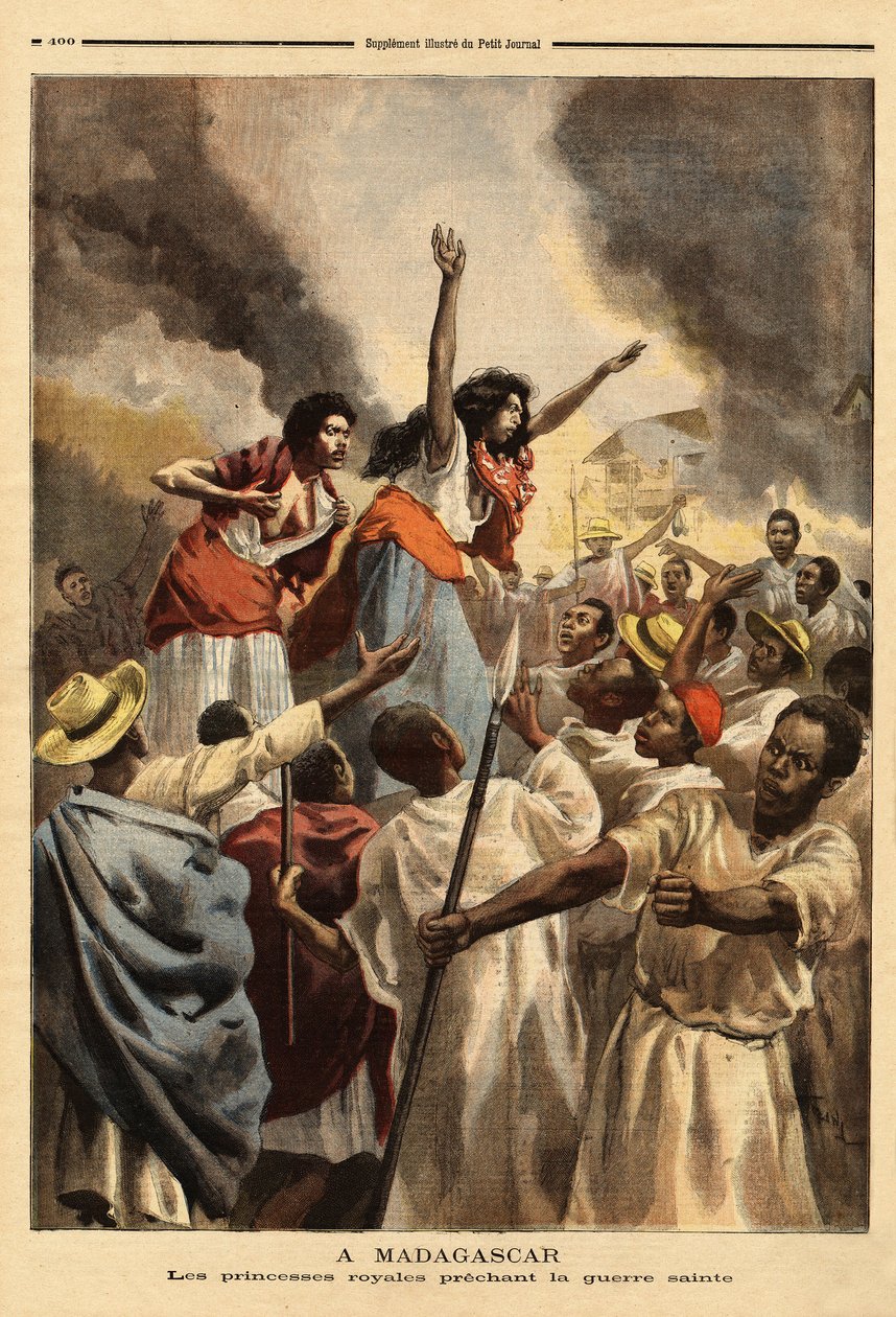 Madagaskarilla kuninkaallinen prinsessa (kuningattaren sisko ja täti) saarnaa pyhää sotaa Ranskaa vastaan. Kaiverrus "" Le petit Journal" -lehdessä 9/09/1894. Selvan kokoelma. tekijältä Unknown artist