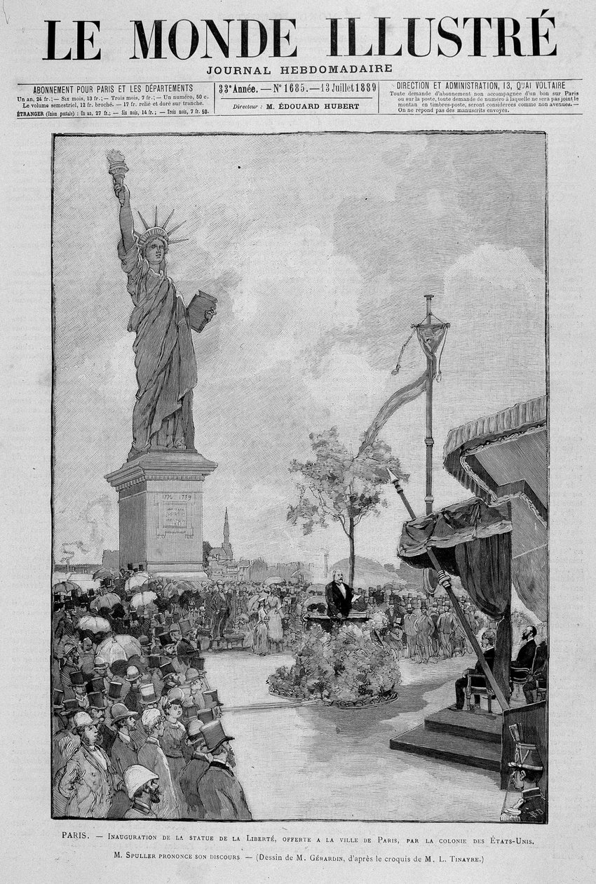 Yhdysvaltojen Pariisin kaupungille tarjoaman vapaudenpatsaan avajaisia pienennettynä (kopio) - "" The Illustrous World" -julkaisussa 13.7.1889 tekijältä Unknown artist