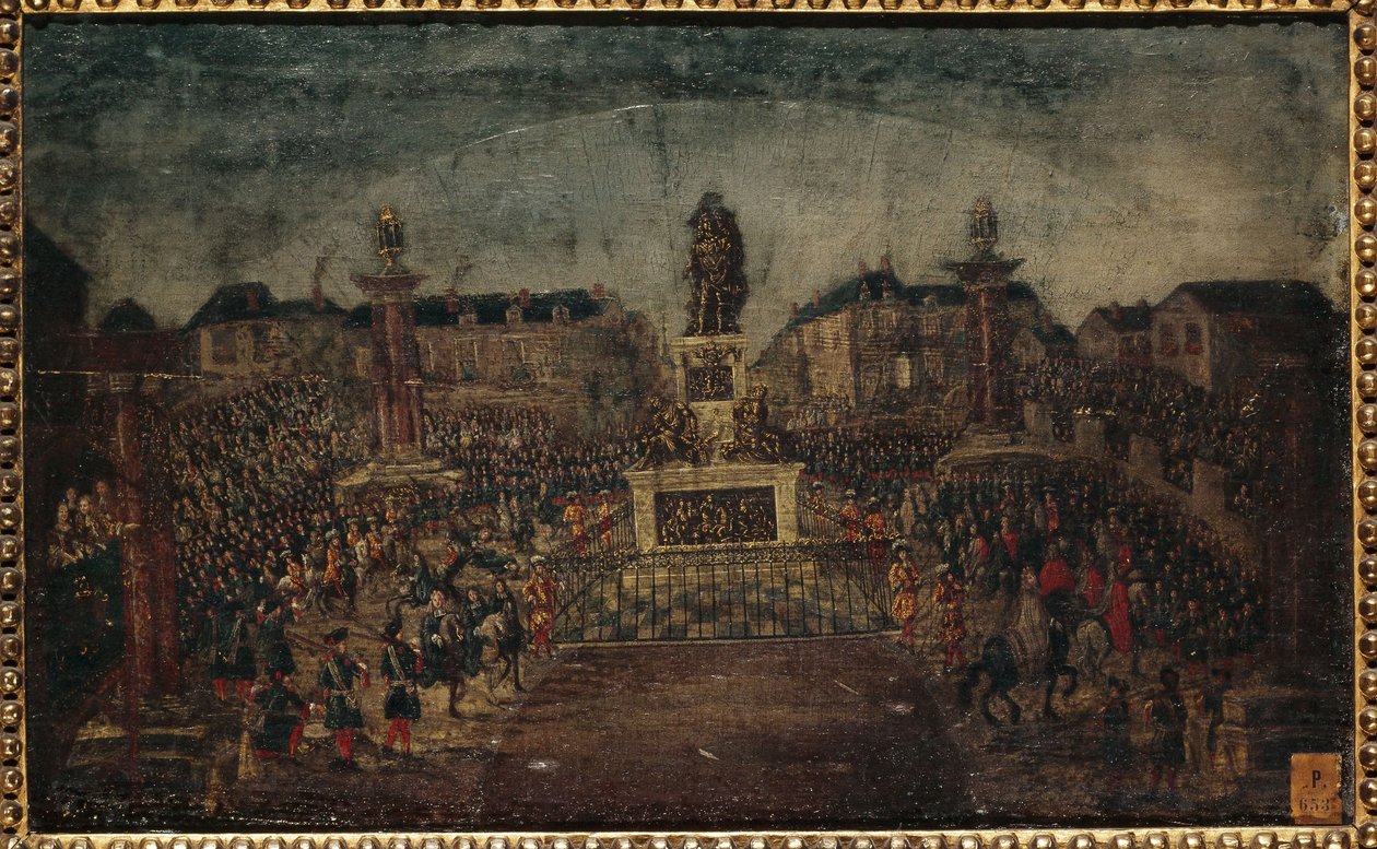 Ludvig XIV:n patsaan vihkiminen käyttöön, Place des Victoires, nykyiset 1. ja 2. kaupunginosa, 28. maaliskuuta. tekijältä Unknown artist