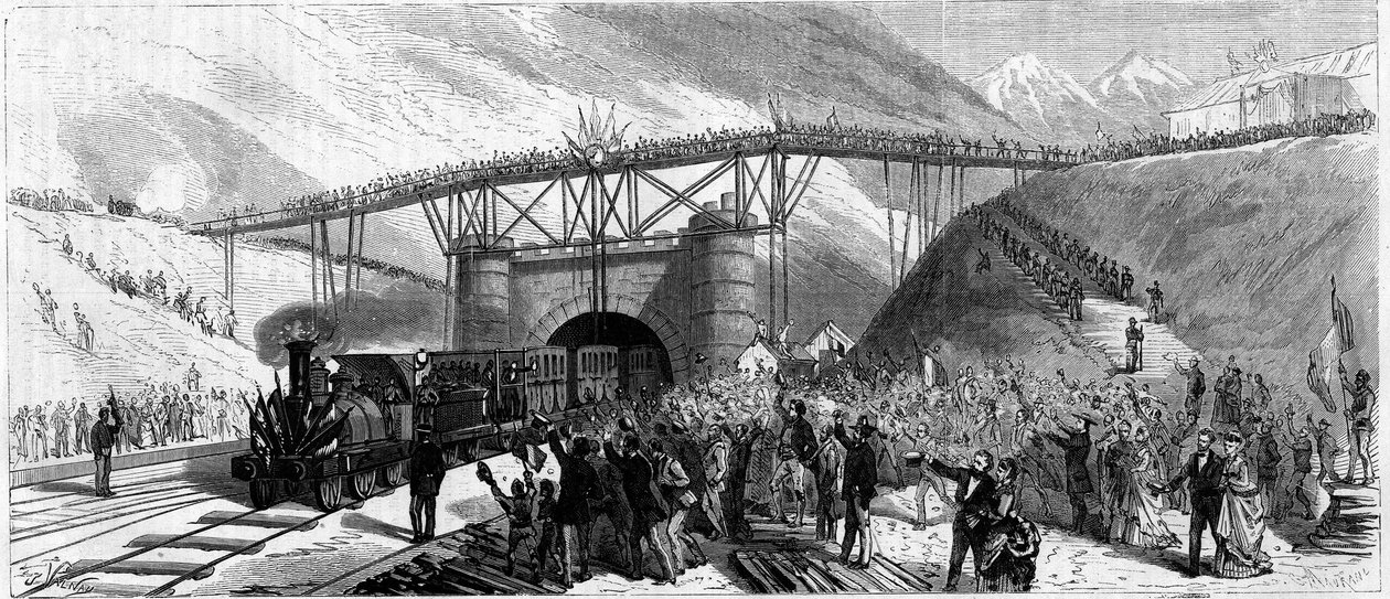 Mont Cenisin (Monte Cenisio) tunnelin avajaiset vuonna 1871. Junan saapuminen kutsuu Bardonnecheen (Bardonecchia) tekijältä Unknown artist