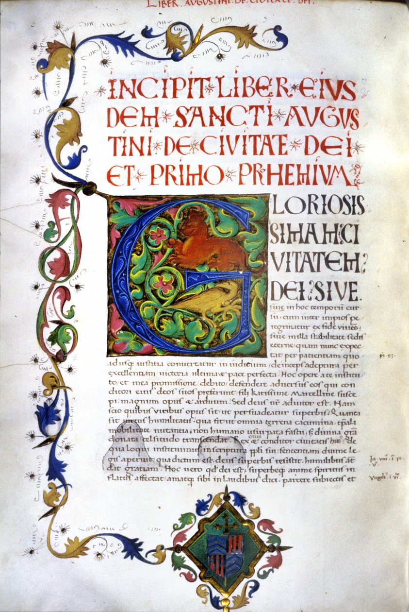 Pyhän Augustinuksen "De civitate dei" -käsikirjoituksen alku. 1500-luvun käsikirjoitus. Milano, Bibl, Trivulziana. tekijältä Unknown artist