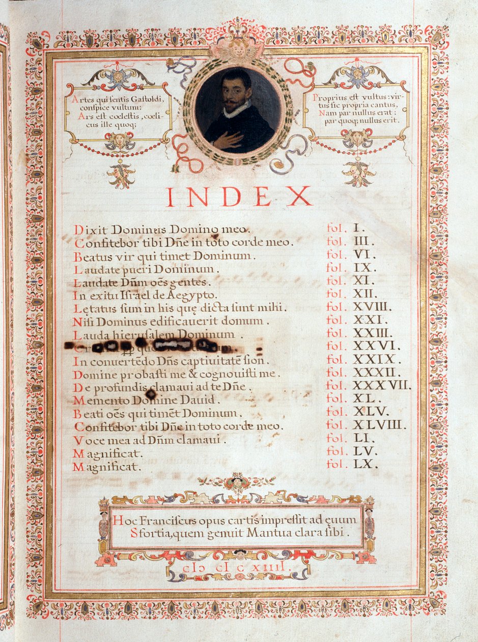Hakemistosivu, jossa on muotokuva Giovanni Giacomo Gastoldista tekijältä Unknown artist