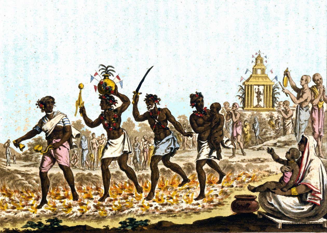 Intia. Fakiirit kävelemässä hehkuvilla hiilillä. 1800-luvun kaiverrus. tekijältä Unknown artist