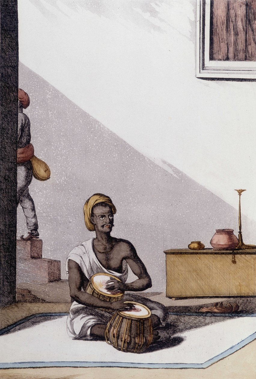 Intialainen kulttuuri ja sivilisaatio: tablaa soittava muusikko, perinteinen musiikki-instrumentti, Intia. Kaiverrus 1808. tekijältä Unknown artist