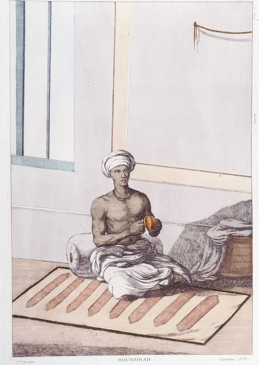 Intialainen kulttuuri, sivilisaatio ja yhteiskunta: muusikko perinteisillä intialaisilla lyömäsoittimilla. Kaiverrus vuodelta 1808. tekijältä Unknown artist