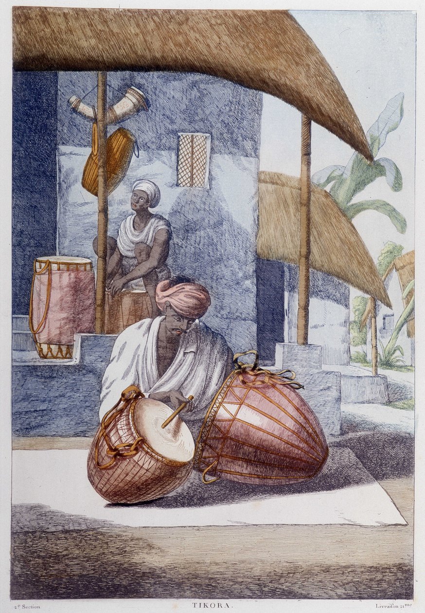 Intialainen kulttuuri, sivilisaatio ja yhteiskunta: muusikko perinteisellä intialaisella lyömäsoittimella (Tikora). Kaiverrus vuodelta 1808. tekijältä Unknown artist