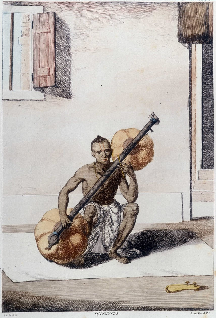 Intialainen kulttuuri, sivilisaatio ja yhteiskunta: muusikko perinteisellä intialaisella kielisoittimella. Kaiverrus vuodelta 1808. tekijältä Unknown artist