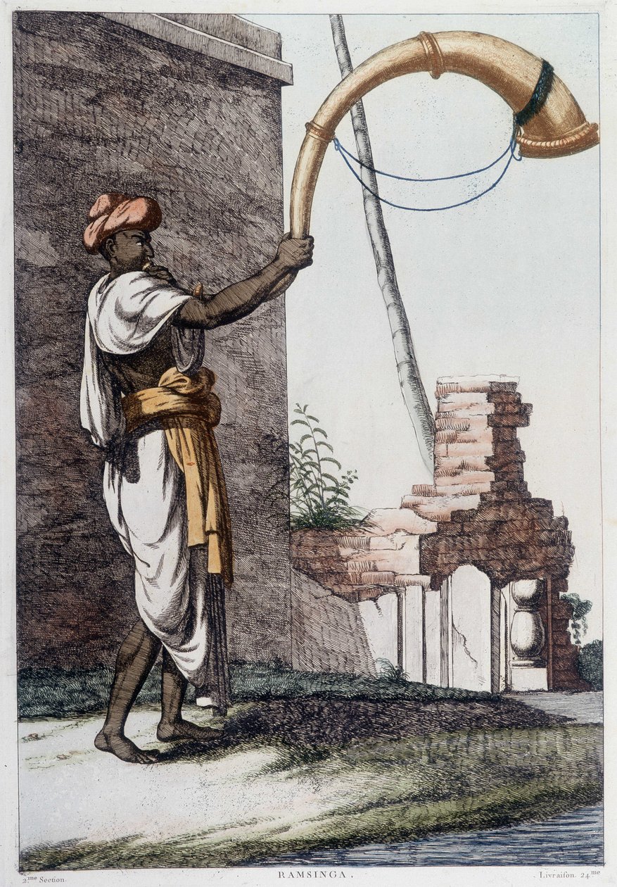 Intialainen kulttuuri, sivilisaatio ja yhteiskunta: muusikko perinteisellä intialaisella puhallinsoittimella (Sournae). Kaiverrus vuodelta 1808. tekijältä Unknown artist