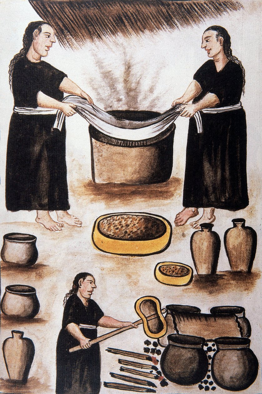 Intiaanit kypsentävät lihaa Baltazar Martinez Companionin ja Trujillon piispan (1782-1785) Bujandan kirjasta "Trujillo of Peru" tai "Codex Martinez Companion" tekijältä Unknown artist