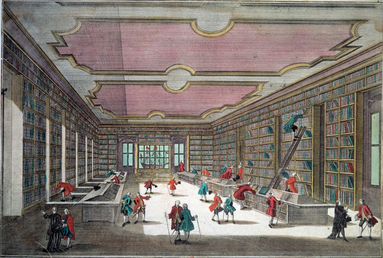 Sisämaanäkymä Gottingenin kirjastosta. Kaiverrus 1700-luvun Pariisista, B.N. tekijältä Unknown artist