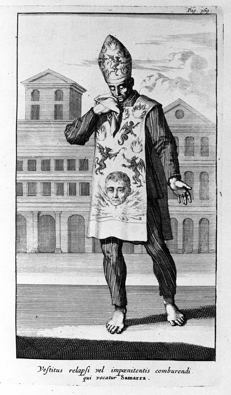 Inkvisitio. Samarran vaate, jota katuvaiset käyttivät. Kaiverrus inkvisition historiasta, Amsterdam 1692. tekijältä Unknown artist