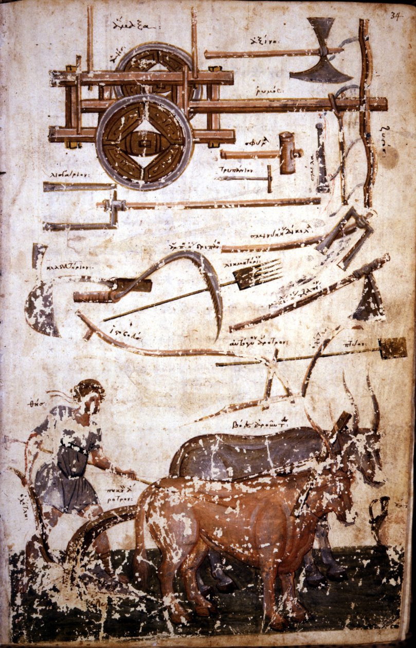 Välineet pellon työstämiseen ja mies kyntämässä - Hesioden "" Scutum Herculis (Herakleksen kilpi)" tekijältä Unknown artist
