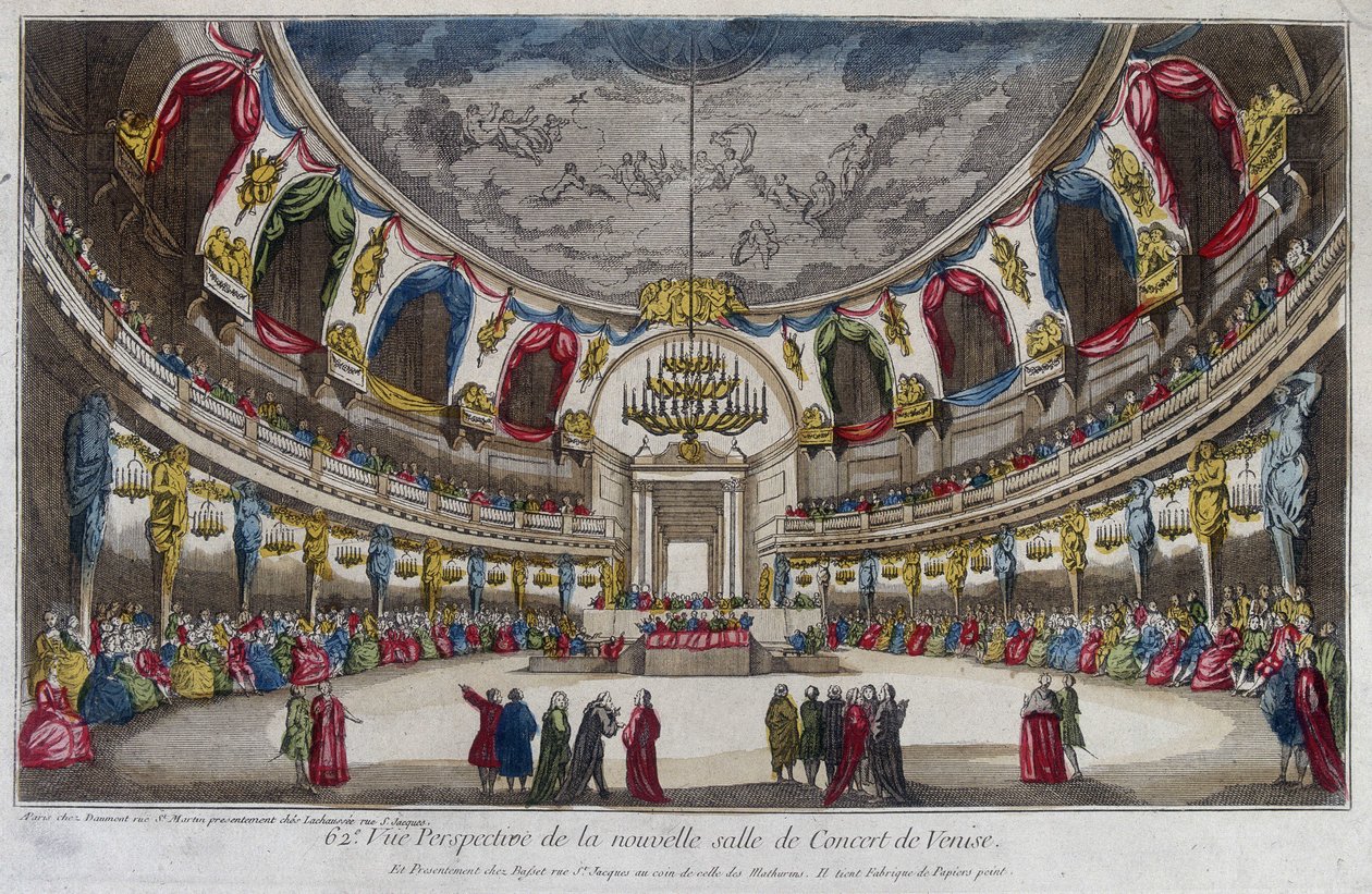 Venetsian konserttisalin sisustus. 1700-luvun kaiverrus. tekijältä Unknown artist