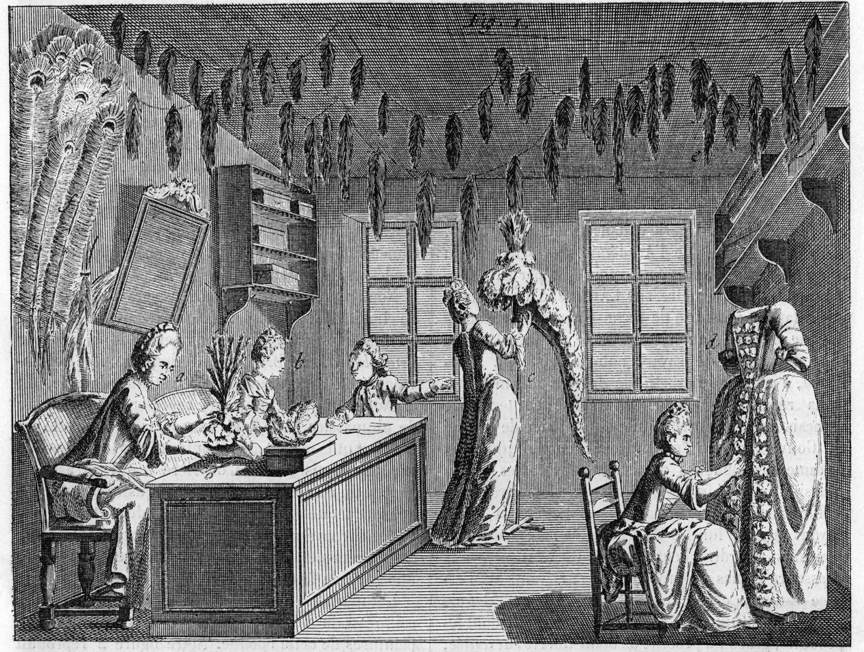 Plumassier-työpajan sisustus 1700-luvulla. 1700-luvun kaiverrus. tekijältä Unknown artist