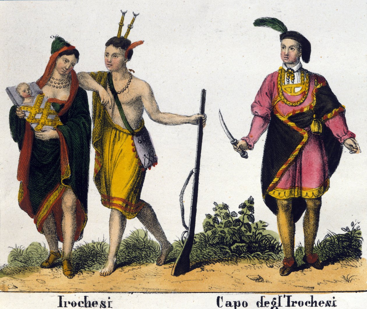 Irokeesi-intiaanit Amerikan yhdysvalloista. Litografia 1800-luvun alusta tekijältä Unknown artist