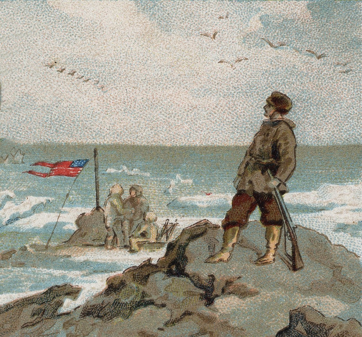 Isaac Israel Hayes (1832-1881) kantaa Yhdysvaltain lippua napameren rannoilla. 1800-luvun lopun kromi. tekijältä Unknown artist