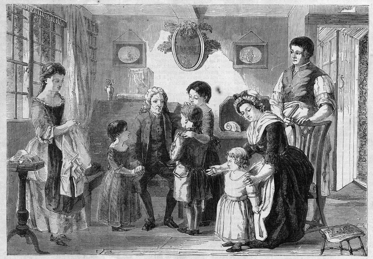 Isaac Watts (1674-1748) englantilainen teologi ja pedagogi, säveltäjä lauluja ja hengellisiä lauluja lapsille. Ranckleyn maalauksen "Tohtori Watt vierailemassa poikaystäviensä luona" mukaan. Kaiverrus kirjaan "The Illustrious Universe" tekijältä Unknown artist