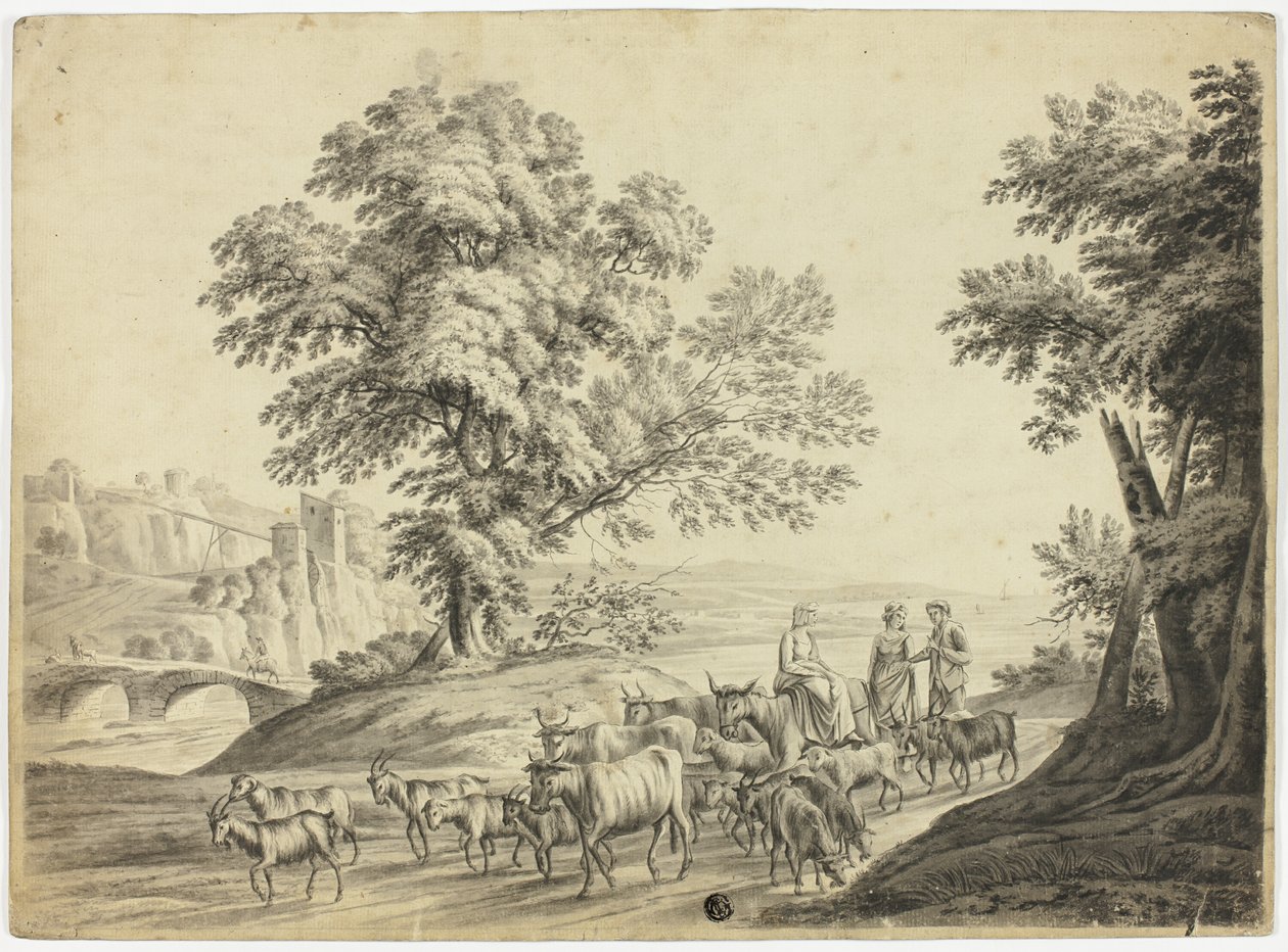 Italianate maisema, jossa mies ja kaksi naista paimentavat karjaa, vuohia ja lampaita. tekijältä Unknown artist