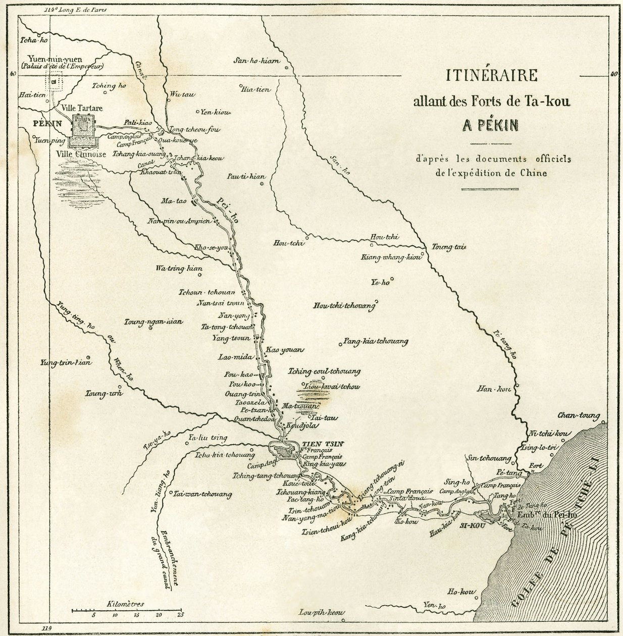 Reitti Hai He -jokea pitkin lähellä Tien Tsiniä (Tien-Tsin, Tianjin) Pekiniin (Peking), Kiinaan. Kartta, julkaisussa "" Le Tour du Monde, New Journal of Travels ", toimittanut Edouard Charton, Paris tekijältä Unknown artist