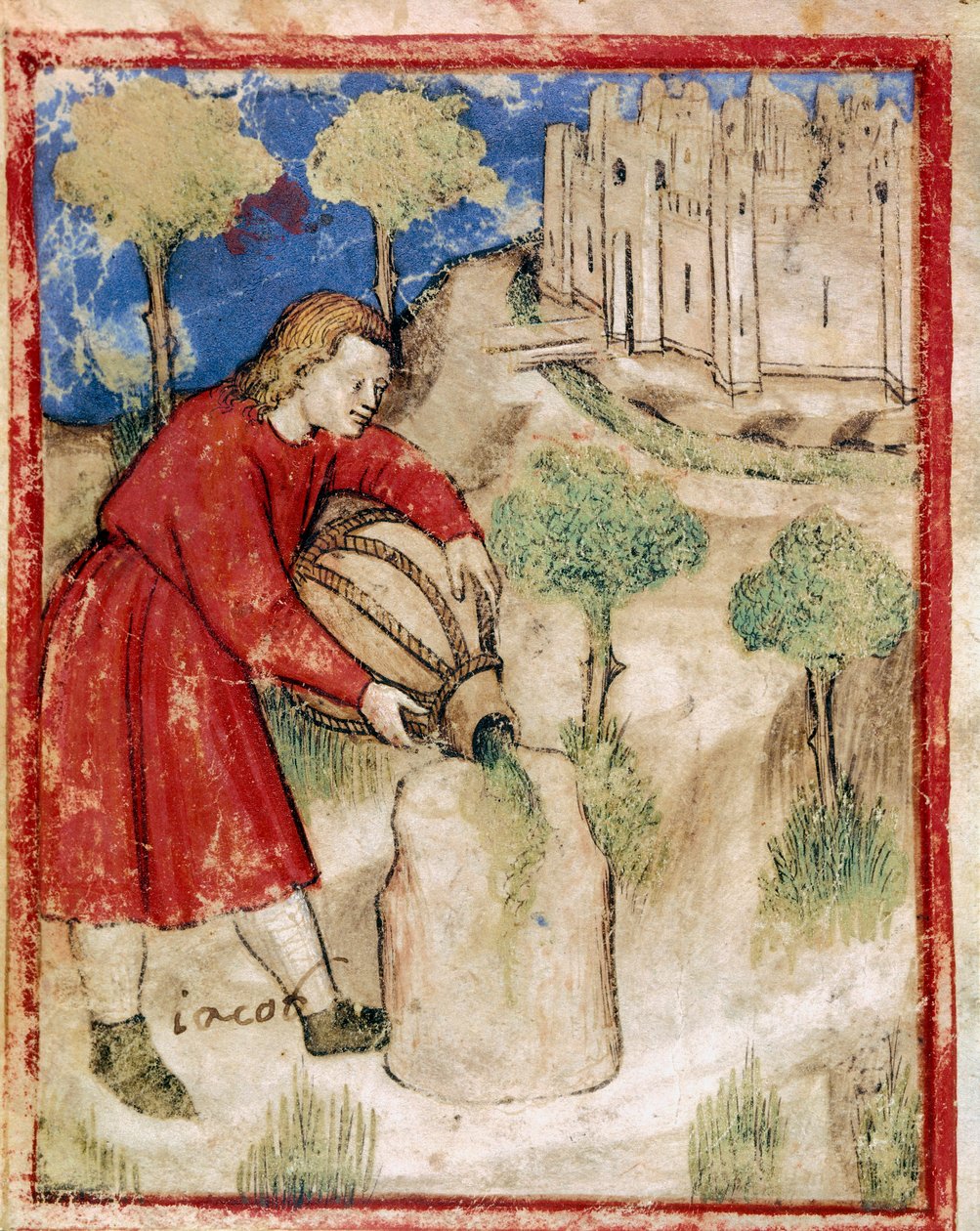 Jaakob kaatoi öljyä kiveen, joka oli toiminut hänelle pienoistyynynä koodista 212 (tai padovano-koodista tai Padovan Raamatusta) 1390-1400 Rovigo, Accademia dei Concordi tekijältä Unknown artist