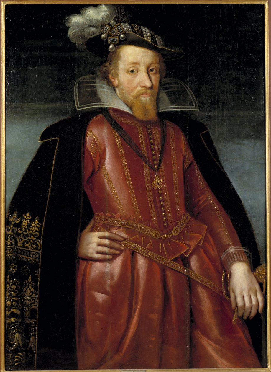 James Stuart, James VI Skotlannin kuningas ja James I Englannin ja Irlannin kuningas - Englannin kuninkaan James I:n (1566-1625) muotokuva, Anonymous . Öljy puulle. Koko: 115 x 86 cm. Tukholman kansallismuseo tekijältä Unknown artist