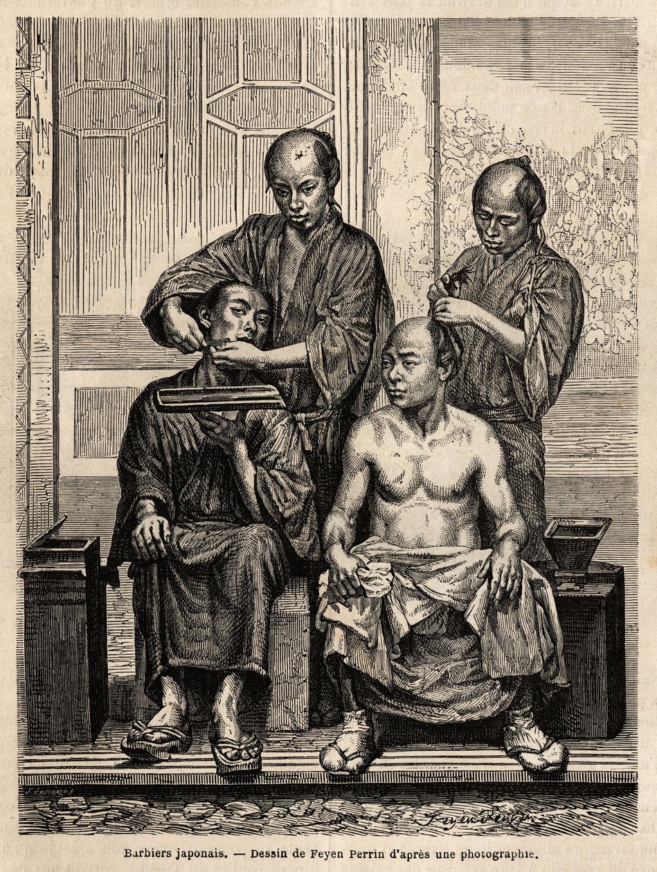 Japanilaiset parturit liikkeessään, toinen ajelee partaa, toinen muotoilee paljasvartaloista miestä. Kaiverrus havainnollistamaan matkaa Japaniin vuosina 1863-1864, Sveitsin valaliiton ministeri Aime Humbert, "Le tour du monde, nouveau journal des voyages" tekijältä Unknown artist