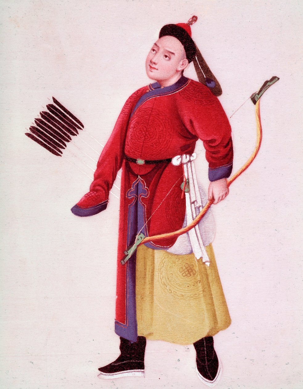 Japanin keisarin metsästyspuku. Hän on aseistettu jousella ja nuolilla. Akvarelli 1700-luvun Venetsiasta, Biblioteca Marciana tekijältä Unknown artist
