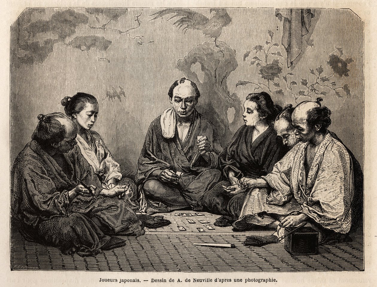 Japanilaiset pelaajat korttien keskellä. Kaiverrus Japania havainnollistava, Sveitsin valaliiton ministerin Aime Humbertin matkakertomus vuosina 1863-1864, julkaistu "Le tour du monde, nouveau journal des voyages" -lehdessä Edouard Chartonin johdolla. tekijältä Unknown artist