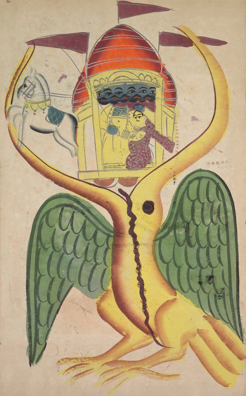 Jatayu estää Ravanan vaunuja, yrittää estää Sitan sieppauksen (recto) tekijältä Unknown artist