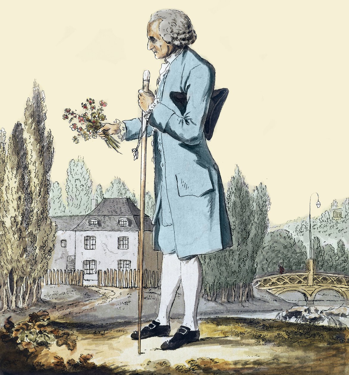 Jean-Jacques Rousseau (1712-78) Kerää yrttejä Ermenonvillessä, kesäkuu 1778 - Edustus filosofista Jean Jacques Rousseausta (1712-1778), joka poimii kukkia Ermenonvillessä. tekijältä Unknown artist