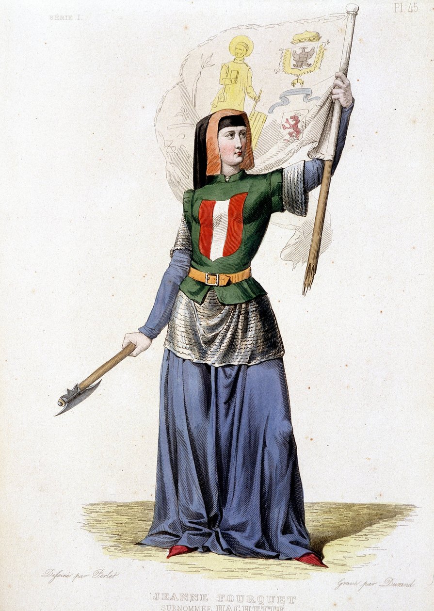 Jeanne Laisné, joka tunnetaan nimellä Jeanne Fourquet, lempinimeltään Jeanne Hachette, ranskalainen sankaritar (1456-?). kaiverrus vuodelta 1835 tekijältä Unknown artist
