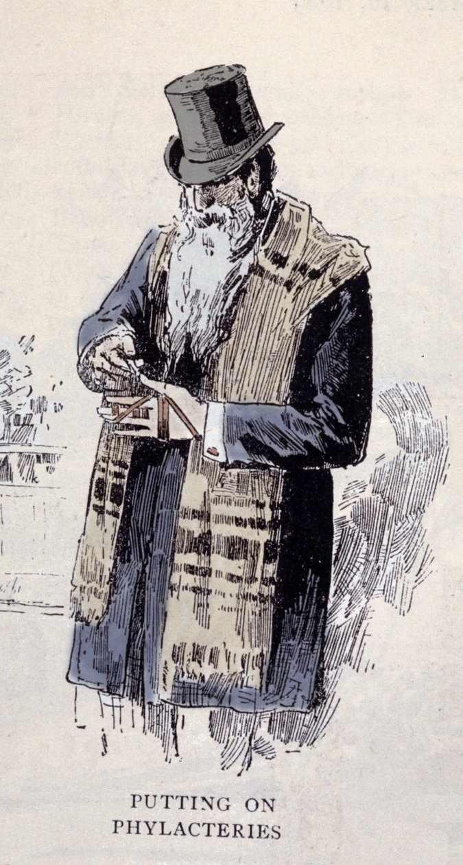 Juutalainen uskonto: vanha juutalainen mies, jolla on rukouskalkki (Talit tai Tzitzit), kaiverrus vuodelta 1890 tekijältä Unknown artist