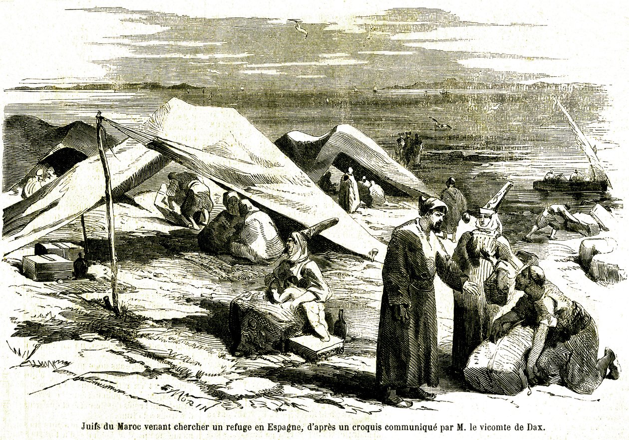 Marokon juutalaisia hakemassa turvapaikkaa Espanjan Algesirasista 1800-luvun puolivälissä (kaiverrus). tekijältä Unknown artist