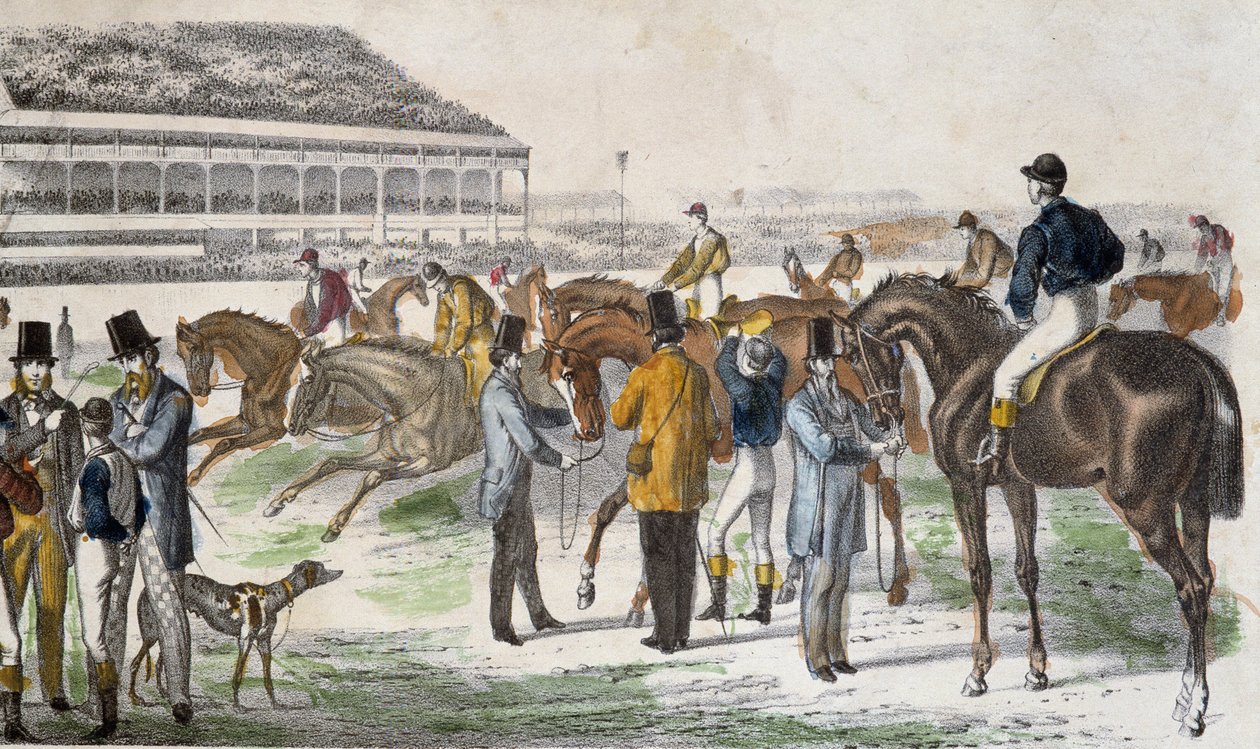 Jockeyt ja heidän hevosensa ennen kilpailua - kaiverrus, c. 1850 tekijältä Unknown artist