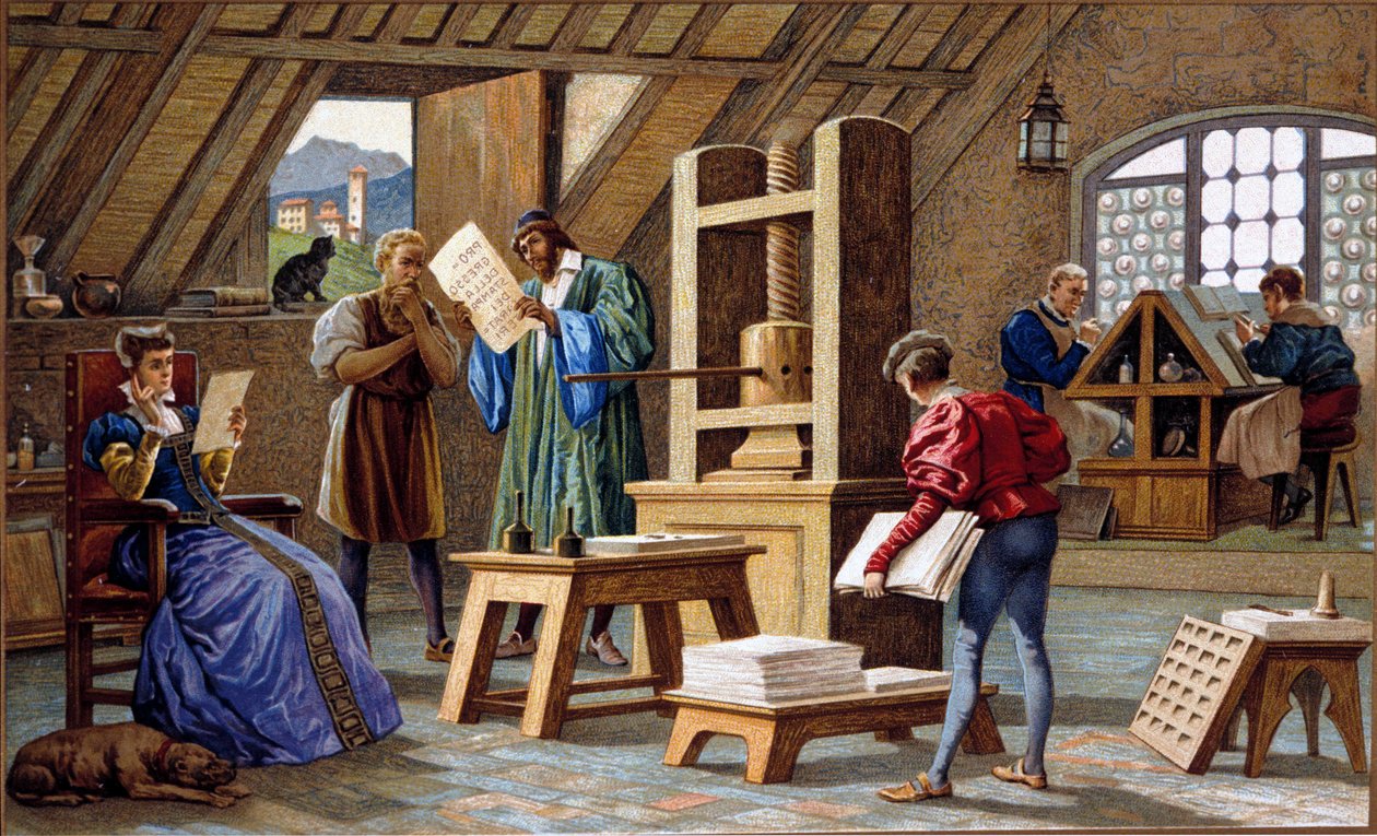 Johannes Gensfleisch Gutenberg (1400-1468), painokoneen keksijä (1438). kromolitografia 1800-luvulta. tekijältä Unknown artist