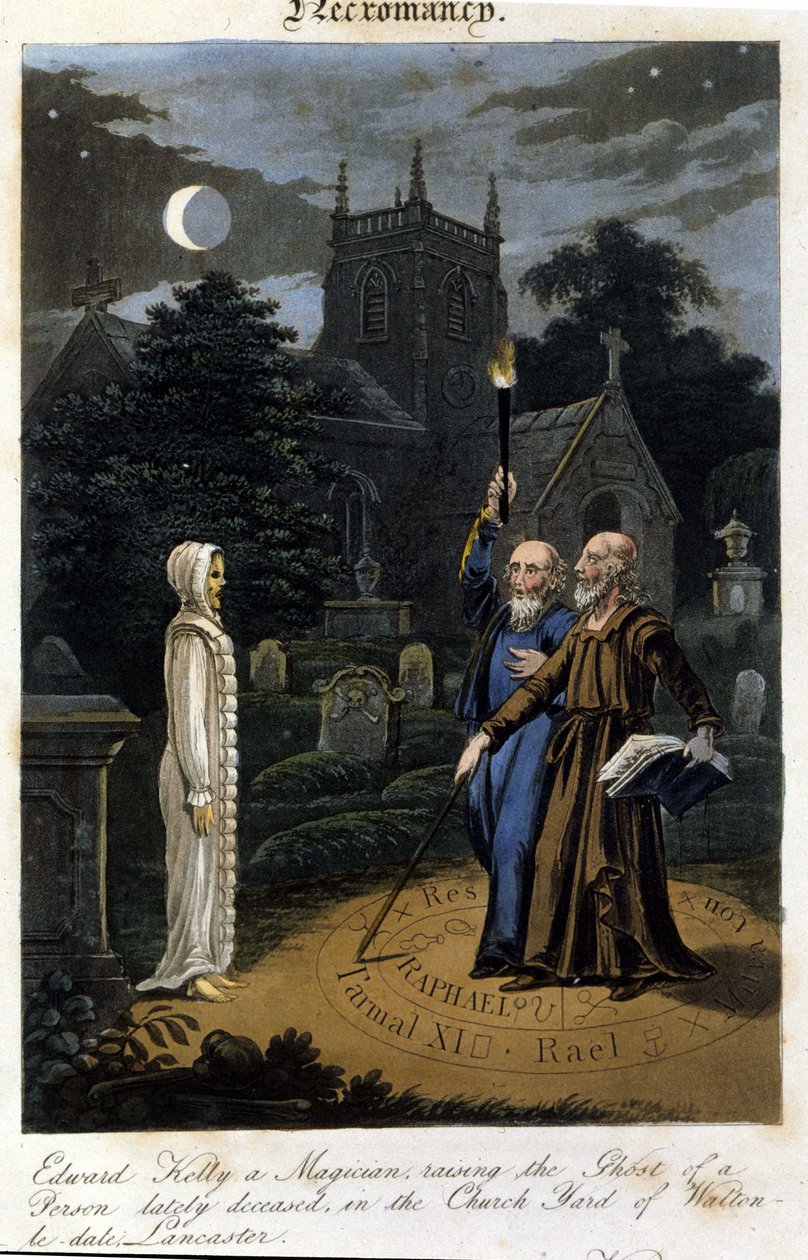John Dee ja Edward Kelly kutsuvat hengen. 1825. Raamattu. Morando, Milano tekijältä Unknown artist