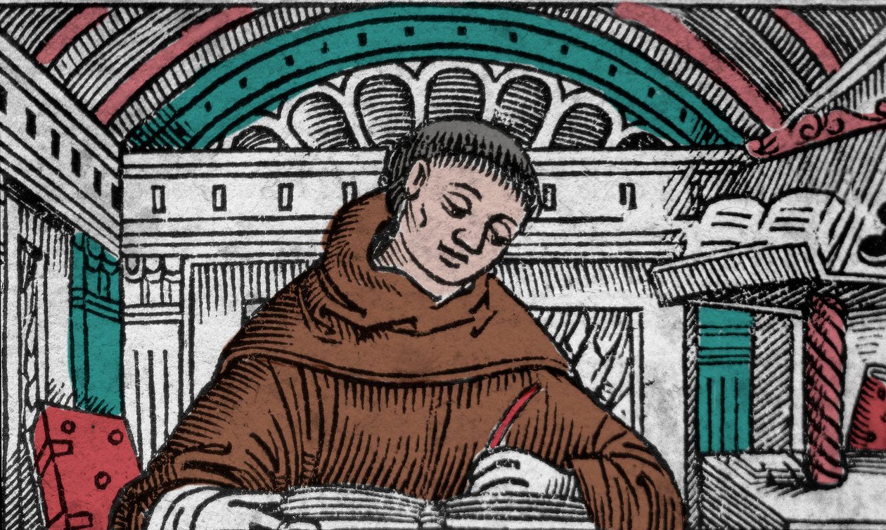 John Duns Scotus (1265? -1308) kutsuu myös Jean Duns Scottia tai Jean Duns Scotia, fransiskaanien filosofia. Kaiverrus 1500-luvulta tekijältä Unknown artist
