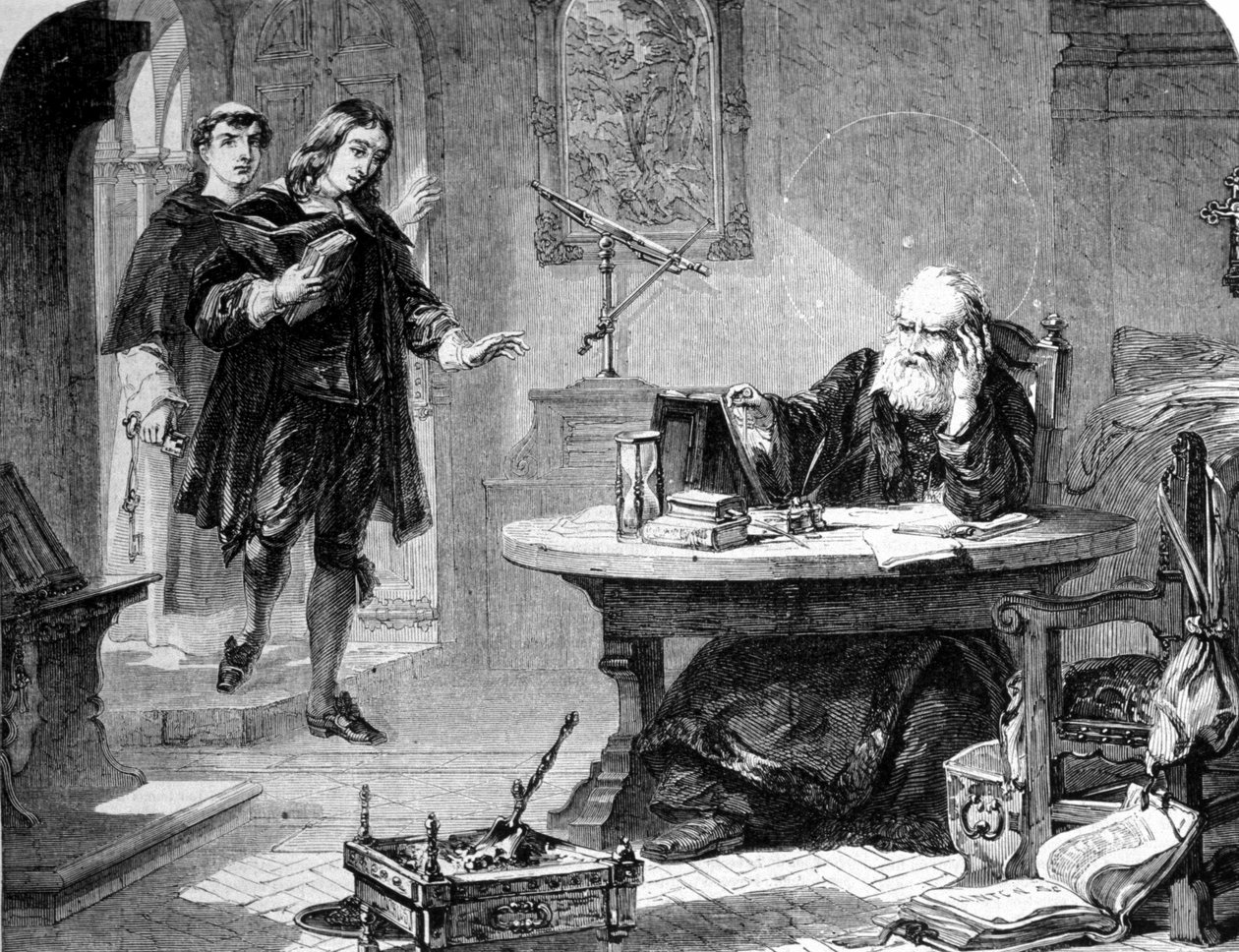 John Milton, englantilainen runoilija ja esseisti (1608 - 1674) vieraili Galileo Galilein (Galileo) (1564 - 1642) luona Firenzen inkvisition sellissä. Kaiverrus. 1860 noin tekijältä Unknown artist