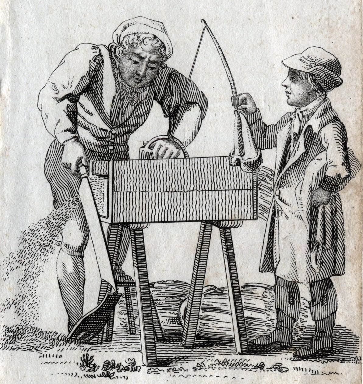 Puuseppä ja oppipoika. Kaiverrus 1700-luvun lopulla. Yksityinen kokoelma. tekijältä Unknown artist