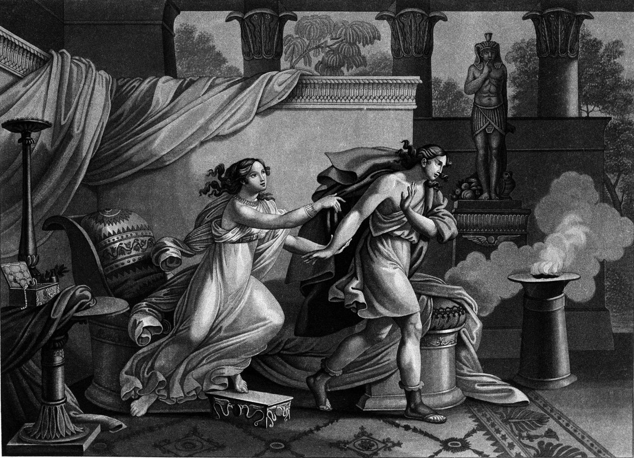 Joosef pakenemassa Putifarin (Potifarin) vaimoa yrittääkseen vietellä 1800-luvun litografiaa tekijältä Unknown artist