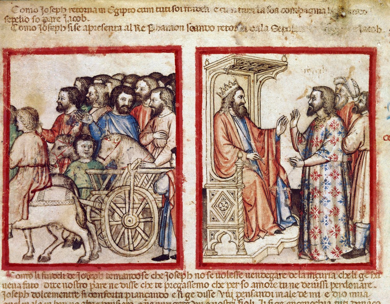 Joosef vasemmalla isänsä hautajaisiin, hän seuraa faraon miniatyyriä koodista 212 (tai padovano-koodeksista tai Padovan Raamatusta) 1390-1400 Rovigo, Accademia dei Concordi tekijältä Unknown artist